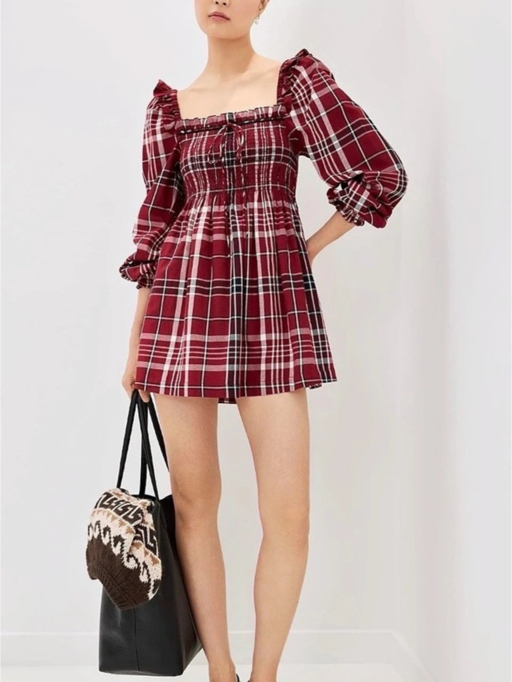 Hill House Home The Nap Dress Plaid Scarlett Mini Dress in Red & White Like New